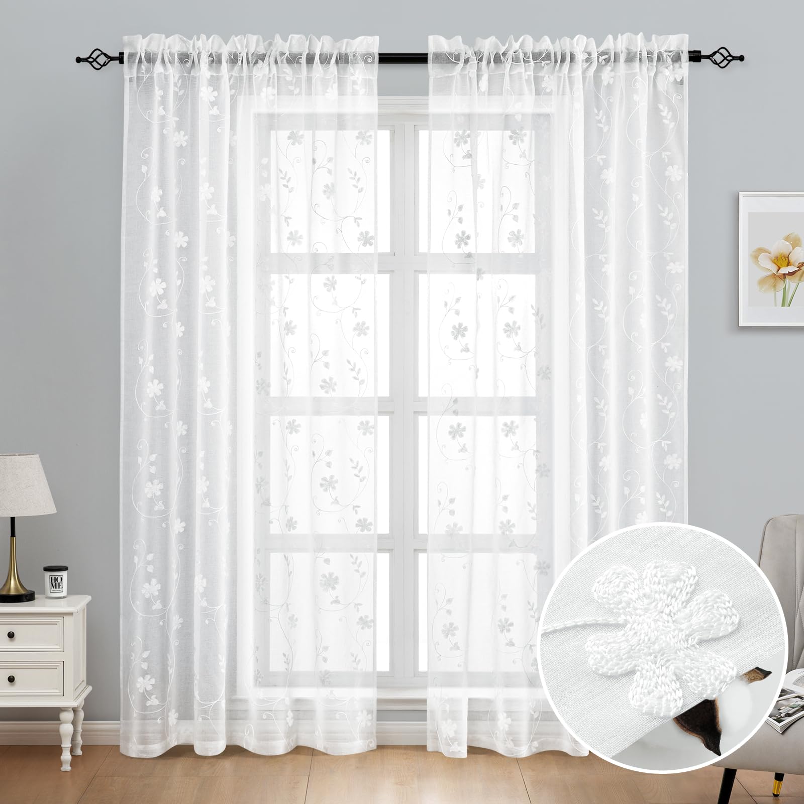 Homeideas White Sheer Curtains 84 Inches Long 2 Panels White Embroidered Floral Sheer Pattern Curtains Semi Sheer Window Curtains For Bedroom Living Room